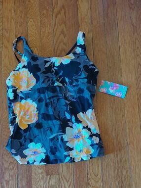 Hapari NWT Floral Tankini Top - Black with Yellow Floral Print